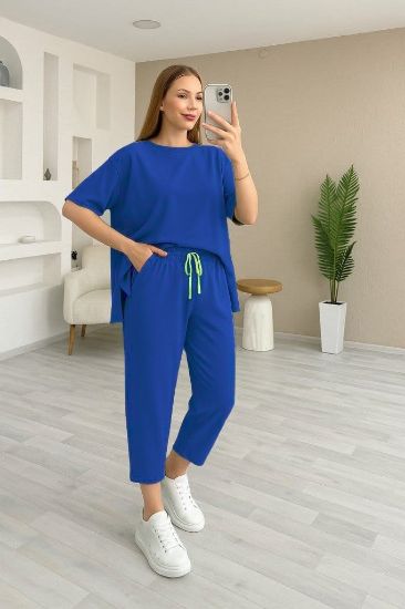Kadın Kısa Kollu Bisiklet Yaka Viskon Iki Iplik Bluz Ve Pantolon Ikili Takım resmi